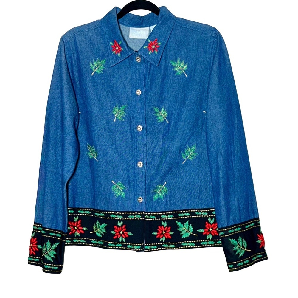 Blair Denim Button Down Shirt Jacket with Poinsettia Holiday Embroidery, Medium